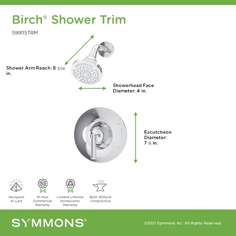 Ensemble de garniture de douche à poignée simple avec écusson Birch HydroMersion, Chrome poli
