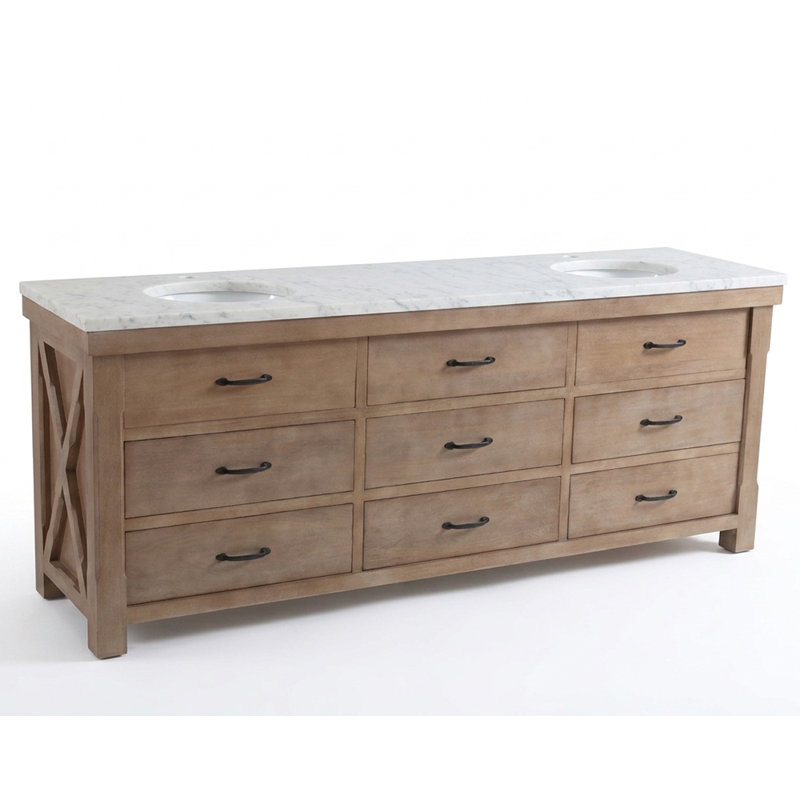 84 po Meuble-lavabo double de style campagnard en bois naturel avec plateau en marbre blanc assemblé, 84" W