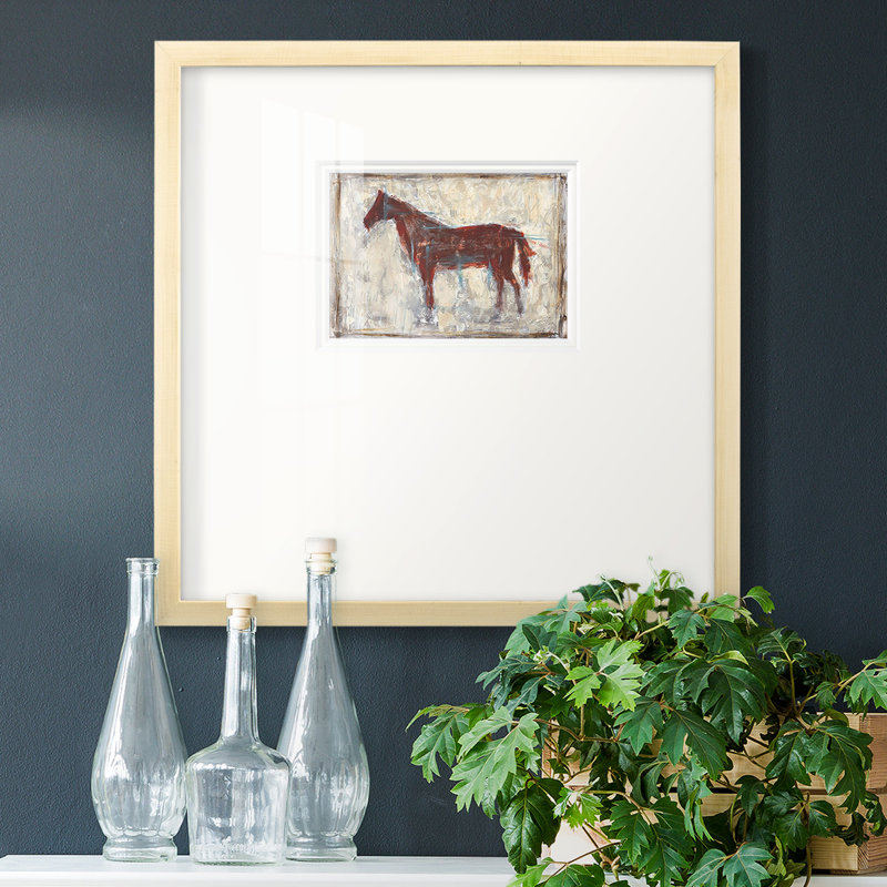 " Iron Equine I ", 17" H x 17" W x 1.125" D, Brown Framed Paper, White