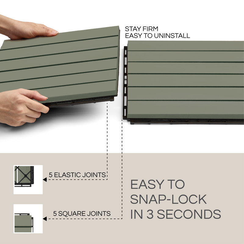 Carreaux de terrasse de qualité supérieure THYOI - Ensemble de 10 tuiles de terrasse emboîtables 12 po x 12 po x 0,9 po, bois d'acacia imperméable pour balcon, cour, intérieur et extérieur (vert, motif rayé, joints carrés)