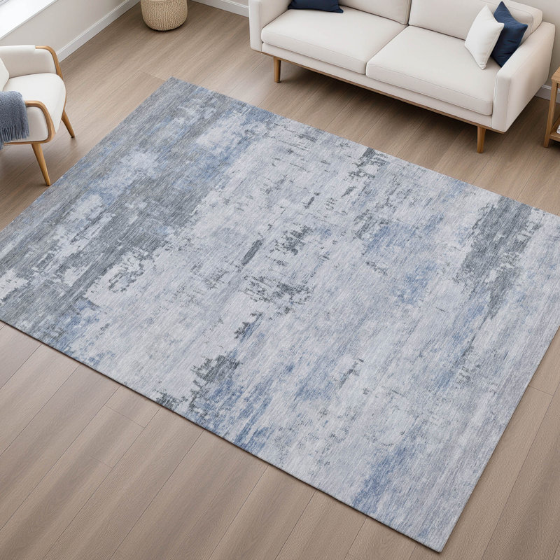 Tapis abstrait lavable à la machine de qualité supérieure Mayfield AMF2145, Bleu, Rectangle 10 pi x 14 pi