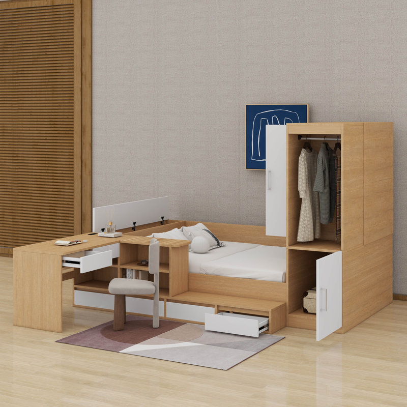 Lit plateforme double en bois avec 6 tiroirs, garde-robe, bureau et tablettes, Naturel