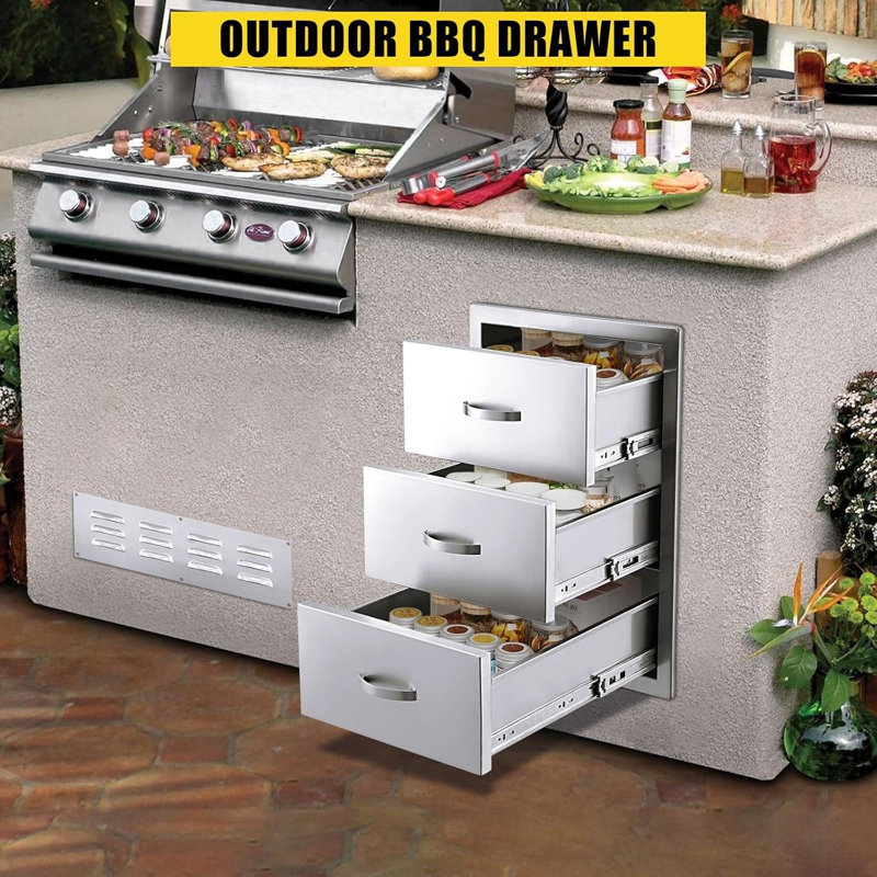 3-Tier Stainless Steel Outdoor Kitchen Drawers, Weatherproof BBQ Storage, Patio Grill Island