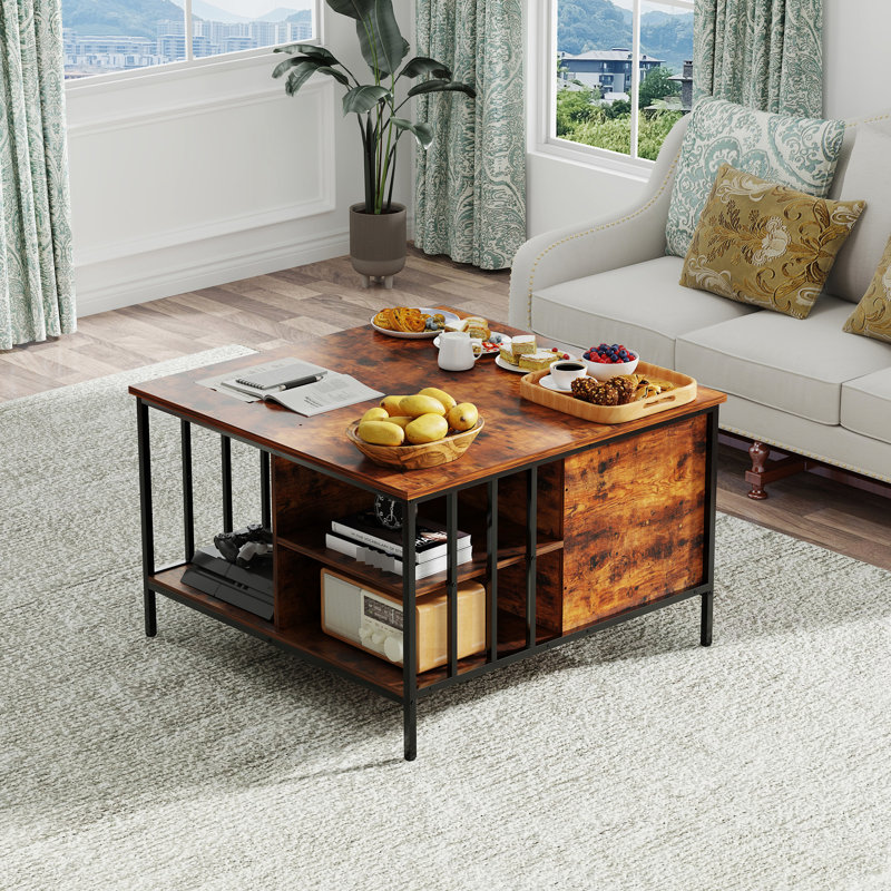 Table basse à plateau relevable avec style, hauteur réglable de 31,5 po, compartiment caché pour consoles de jeux, 3 livres à tablettes ouvertes, capacité de 110 lb, table carrée à assemblage rapide, couvertures de rangement et collations,