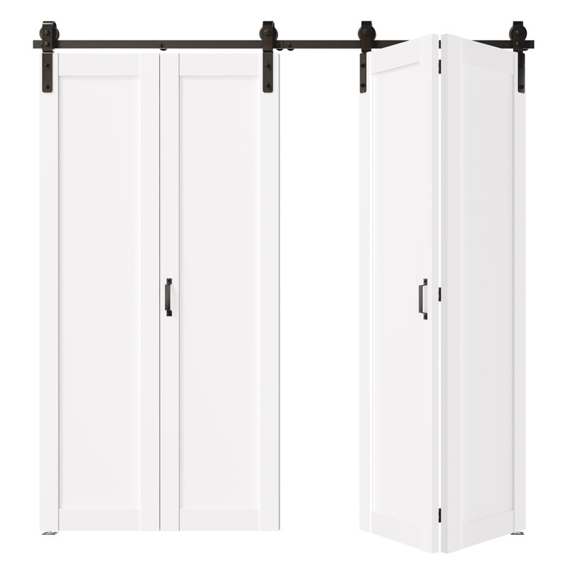 Porte de grange pliante en bois MDF double avec quincaillerie intérieure, blanc, 84" x 84"