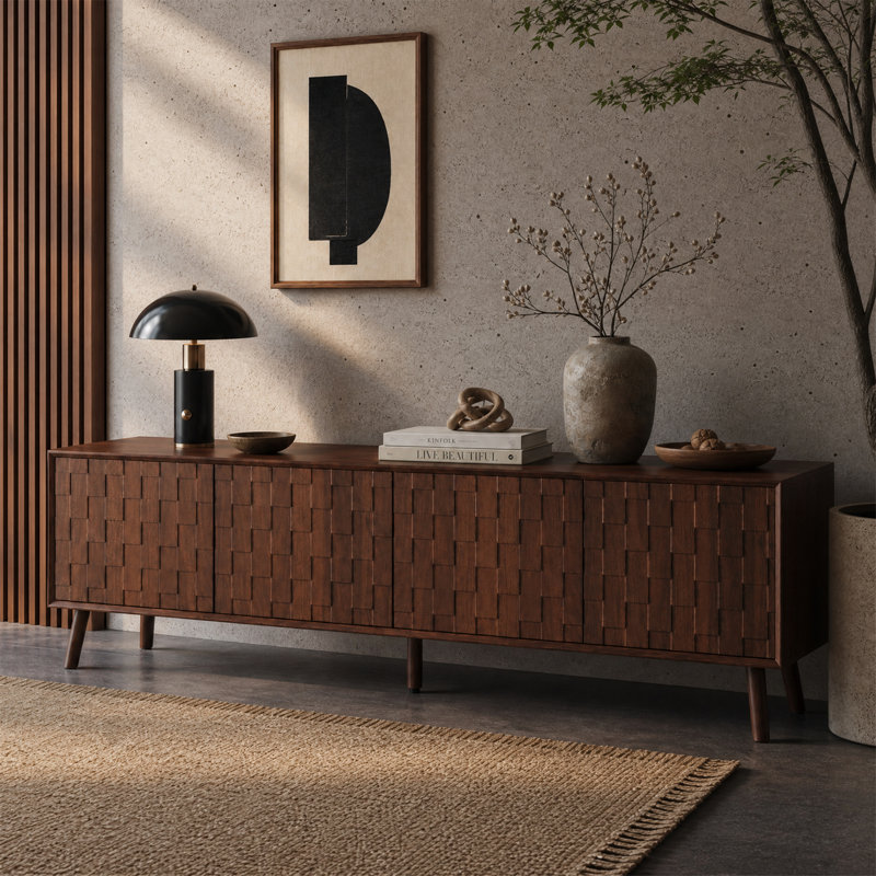 Meuble télé moderne texturé de 70,8 pouces (180 cm) pour téléviseurs jusqu'à 80 pouces (203 cm) pour salon, fini noyer