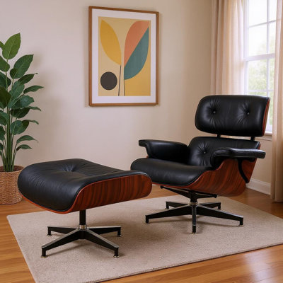 Fauteuil pivotant en cuir véritable capitonné noir et palissandre (69 cm) avec repose-pieds