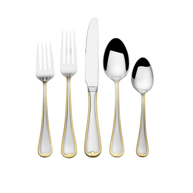 Ensemble de couverts en acier inoxydable 18/10 Mikasa Cameo Gold 65 pièces pour 12 personnes