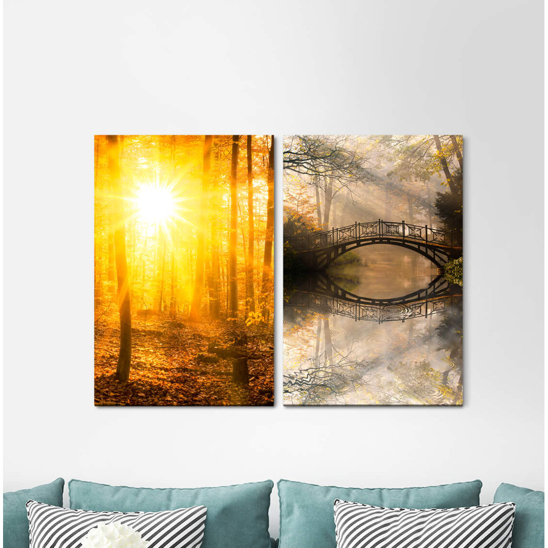 2-tlg. Leinwandbilder-Set - Fotografie „Forest Sun Rays Sun Autumn Warm Light River Wooden Bridge”