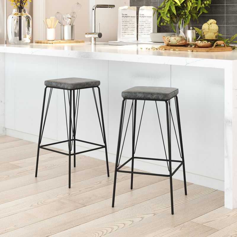 Samuel Adjustable Backless Vintage Black Metal and Wood Bar Stool