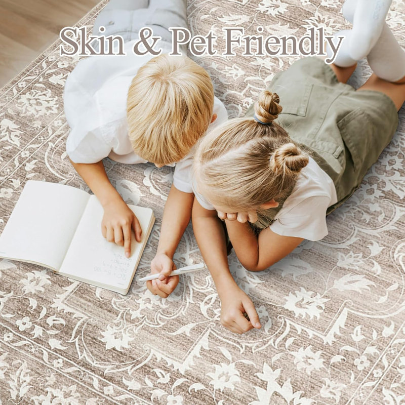 Machine Washable Medallion Floral Area Rug(Brown), Rectangle 5' x 7'