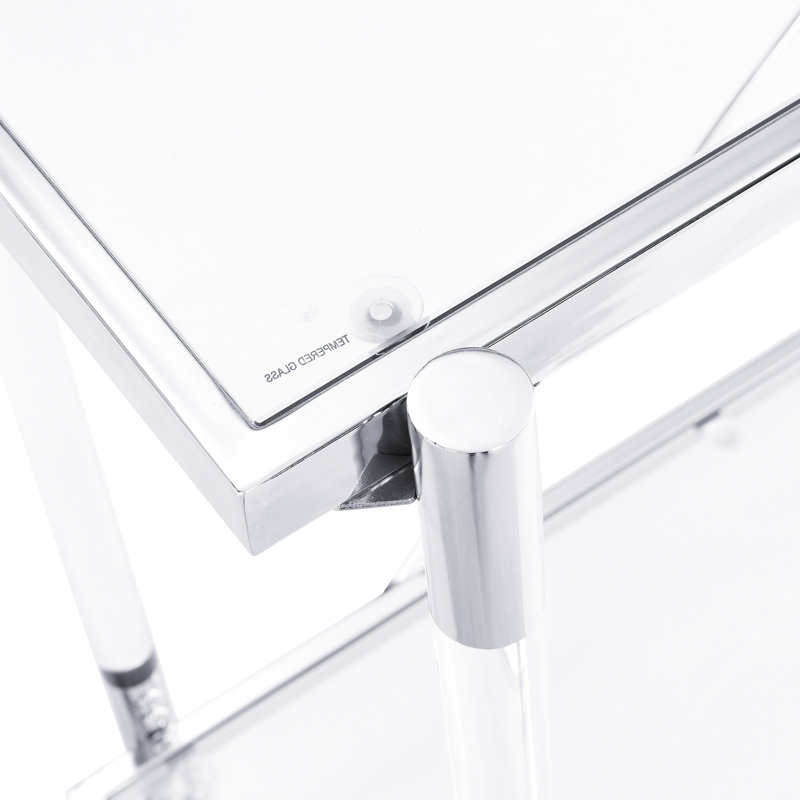 Table d'appoint en acrylique de 112 cm (44,04 po) avec structure en métal et 2 tablettes en verre, idéale pour le salon et la chambre. Pieds en verre.