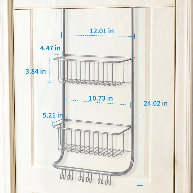 Serviteur de douche à 2 niveaux au-dessus de la porte - Organisateur suspendu en métal réglable avec 6 crochets, tablette de rangement peu encombrante pour la salle de bain, la chambre à coucher, le garde-manger et le placard