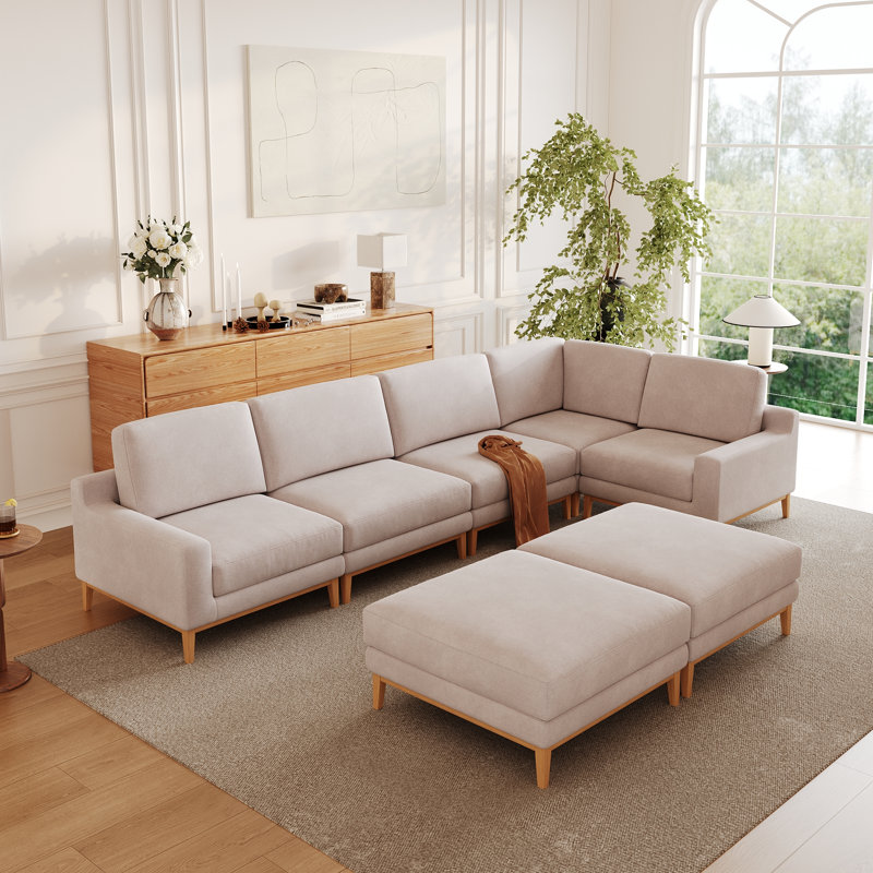 7-Piece Multi-Shape Upholstered Slipcovered Modular Sectional Sofa With Ottoman, Kaki