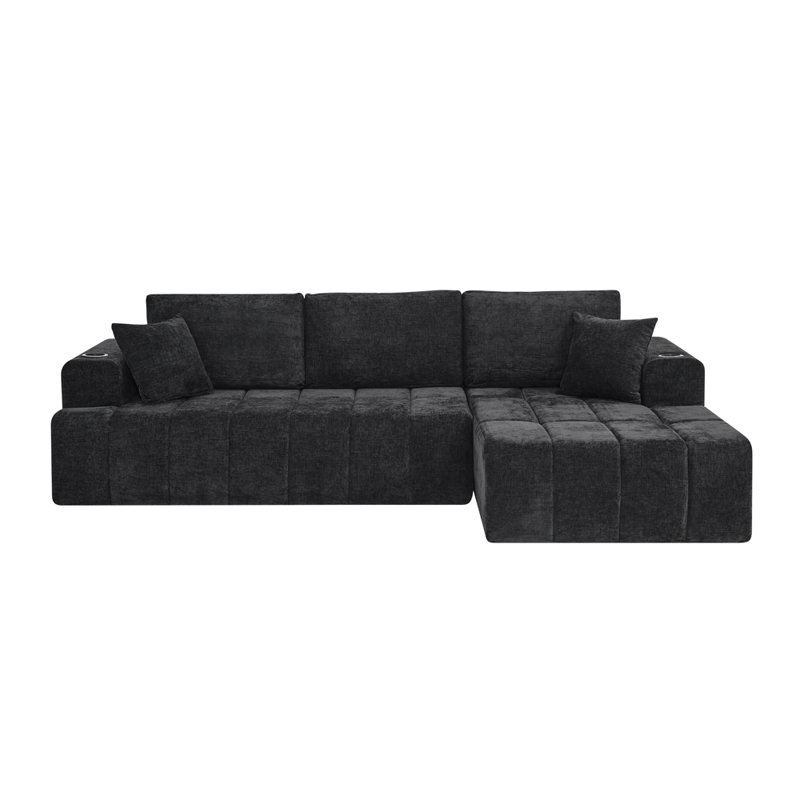 Canapé modulaire en L à compression avec porte-gobelets et poches latérales, Chenille noir, Orienté à droite