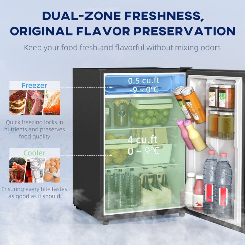4.5 Cu Ft Mini Fridge with Freezer, Wheels, Refrigerator, Black