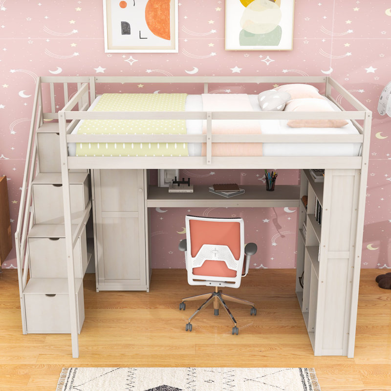 Lit mezzanine double avec escalier intégré, bureau et éclairage DEL, Beige