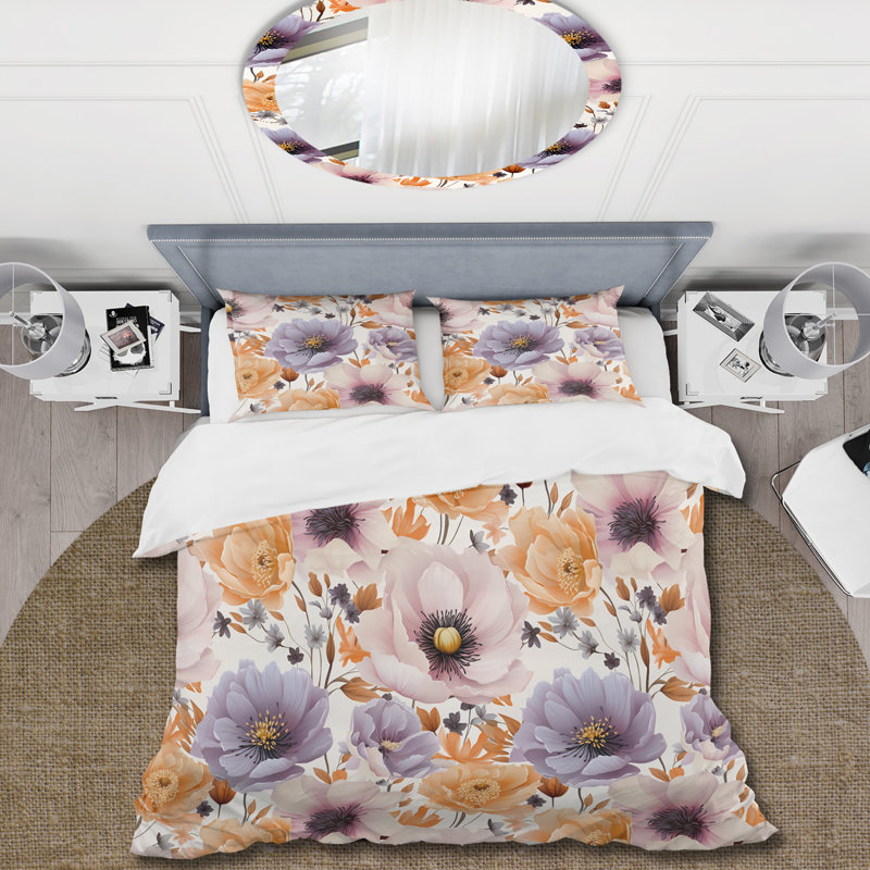 Ensemble de housse de couette botanique - mauve et beige, Housse de couette simple + 1 taie décorative stan