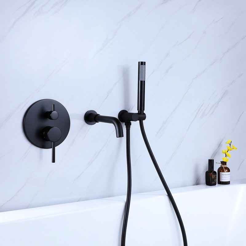 Robinet de douche et baignoire mural noir mat avec 2 poignées - Matériau en laiton, - Valve équilibrée, Douche à main, Rouille, Nickel, Débit GPM, Comprend des vis à clips de fixation 2 - Laiton massif, - Équilibré,
