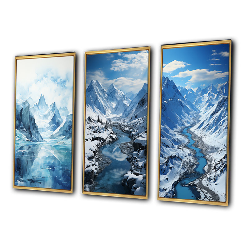 Alaska Glacial Reflections - Paysages, ensemble de 3 pièces d'art, Encadrement doré, H 32 po x l 48 po