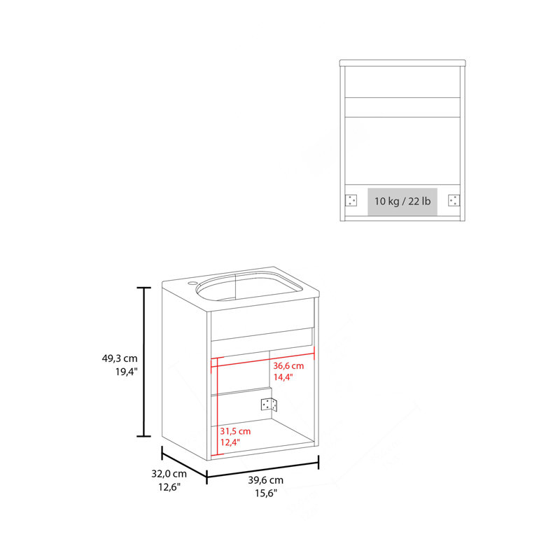 Meuble-lavabo à vasque flottante Allegra, portes doubles et tablette de rangement, blanc, Blanc