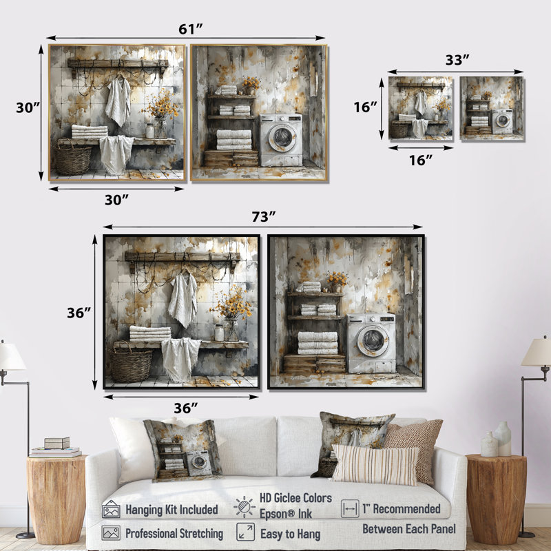 Vintage Landry Day at the Barn I - Laundry Wall Decor - Art mural moderne 2 pièces, Crème, crème, H 36 po x l 73 po