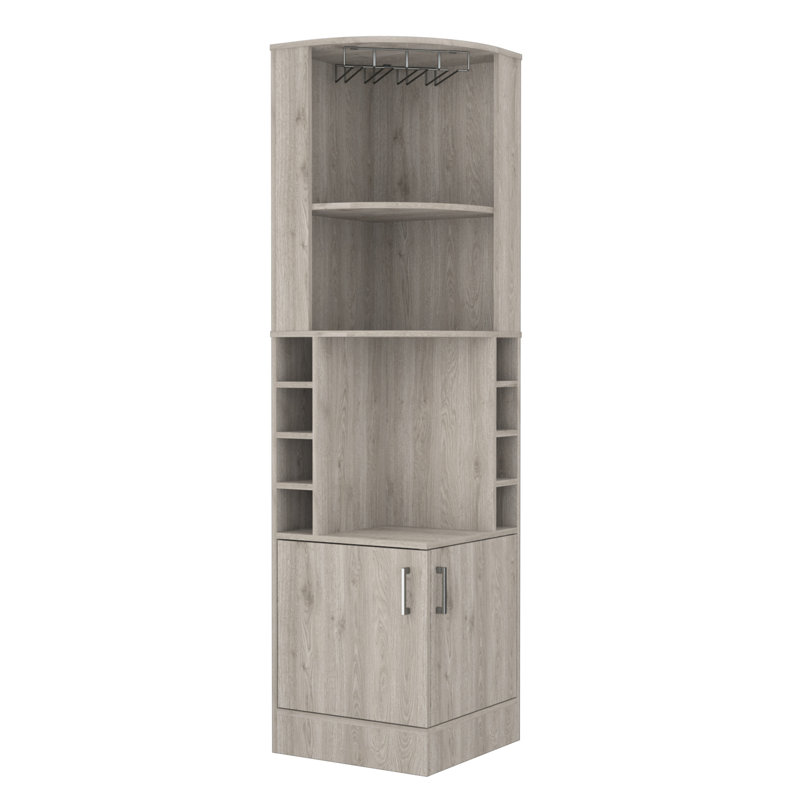 8 armoires-bar grises avec système de tablettes fonctionnelles pour la présentation des boissons et le rangement organisé