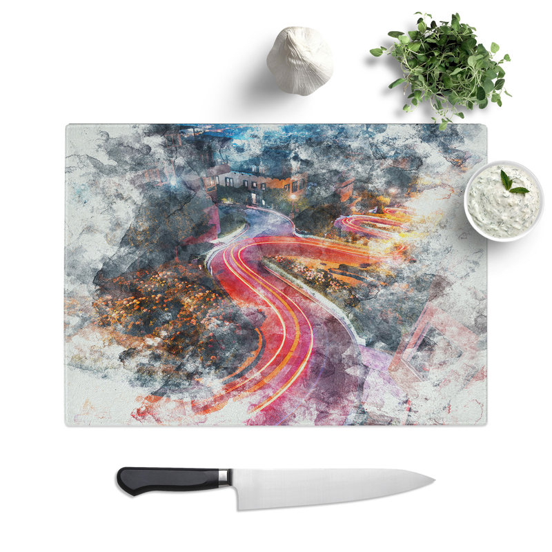 Tempered Glass Top of Lombard Street in San Francisco Watercolour Chopping Board, 20 cm x 28.5 cm