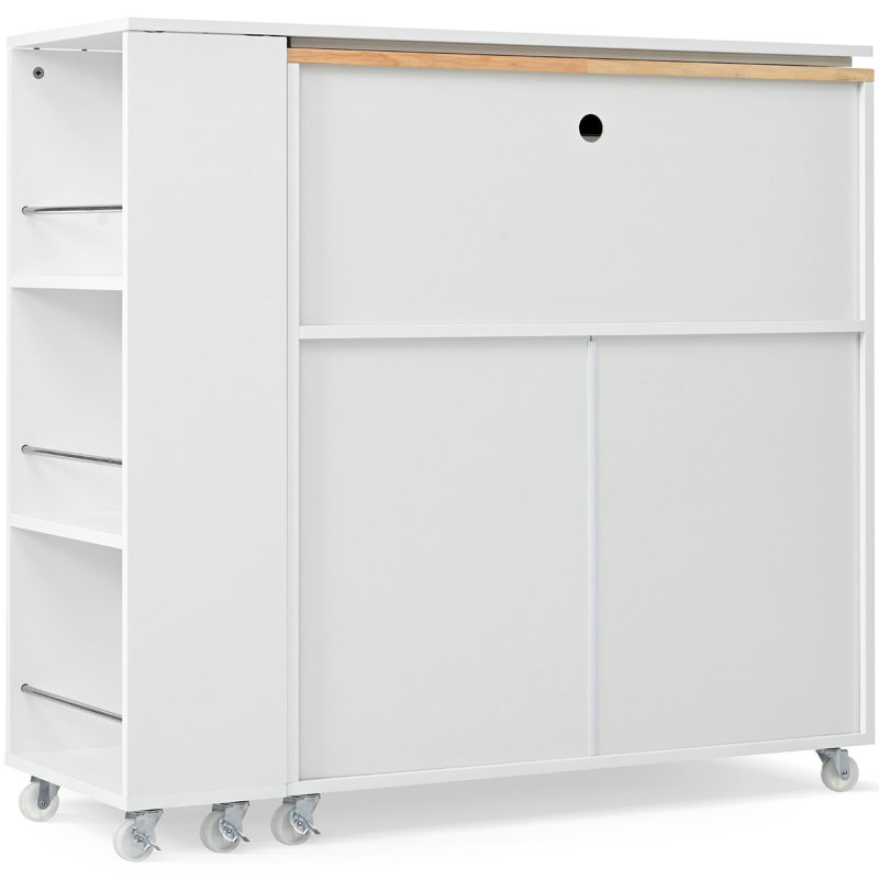 Îlot de cuisine sur roulettes 56,3 po Valencia avec table allongée, lumières DEL, prises de courant et portes en verre, Blanc