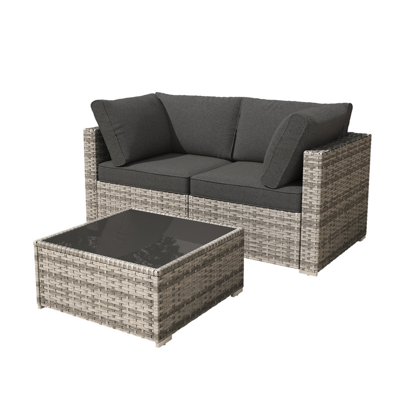Ensemble de patio d'extérieur en osier 3 saisons avec coussins 3 personnes, Noir