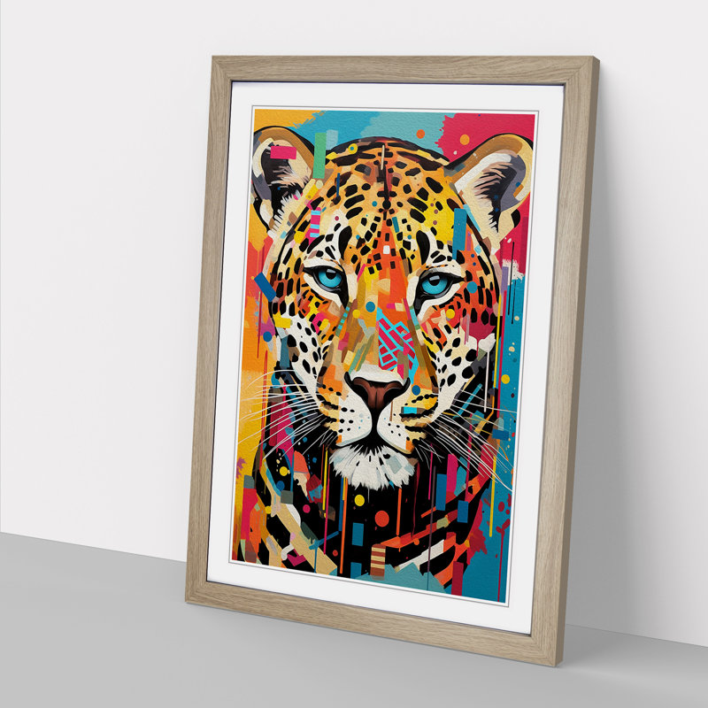 Leopard Constructivism - Single Picture Frame Print on Wood, 34cm H x 25cm W x 2cm D, Oak