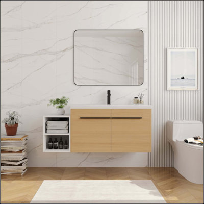 Meuble-lavabo mural avec lavabo de comptoir en résine, 1 tablette de rangement, 2 portes à fermeture douce (KD-Packing)