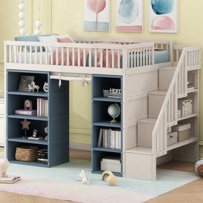 Full Size Loft Bed With 2 Four-Layer Storage Cabinets And Curtain,White+Blue