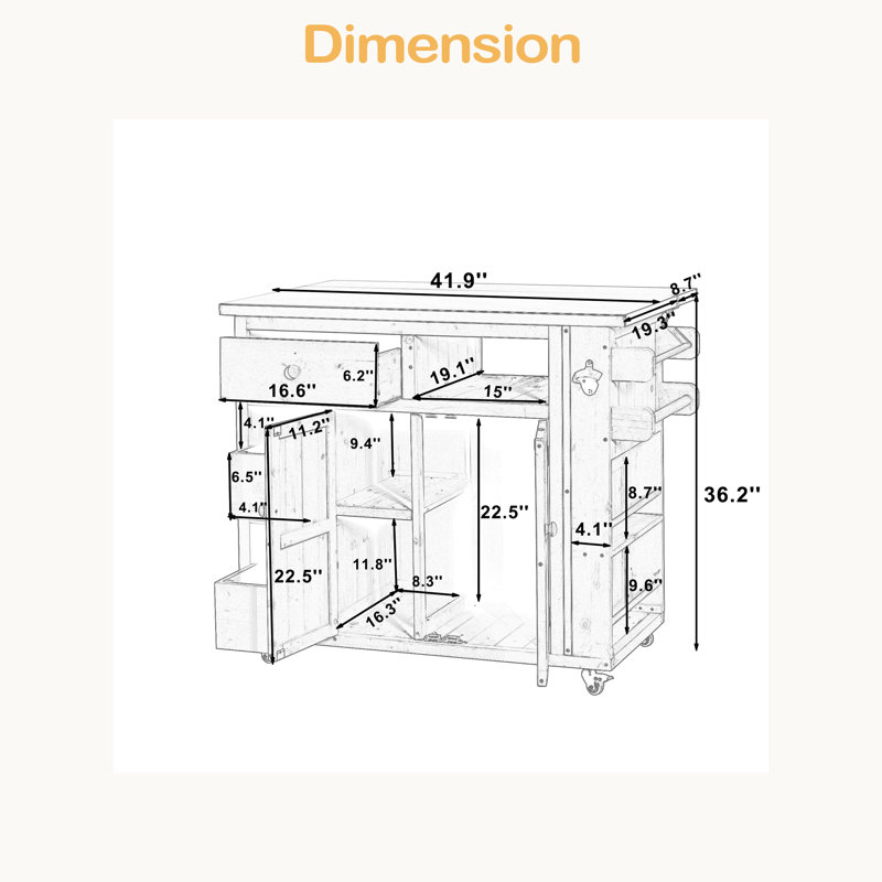 Îlot de cuisine extensible en bois massif d'extérieur 19,3 po / 28 po, table de barbecue en acier inoxydable avec support à épices latéral, chariot de cuisine avec tiroirs