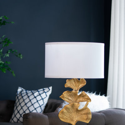 Table Lamp, D17x30.2" Gold Ginkgo Leaf Table Lamp With Marble Base And White Drum Shade (Lamp Shade Assembly Required), Table Lamp