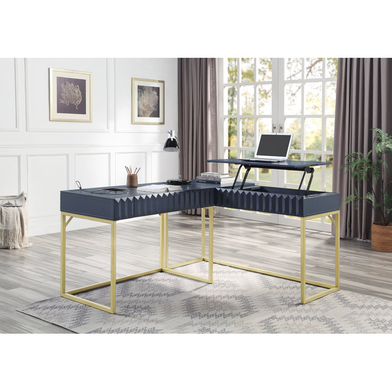 Livengood Adjustable L-Shaped Metal Base Writing Desk with Power Outlet, Blue/Gold