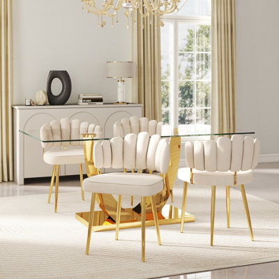 Elegant Tufted Velvet Curved Weaved Back with Metal Legs Side Dining Chair Set