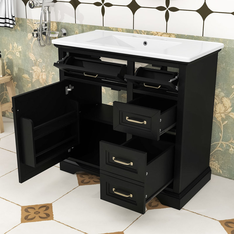 Meuble-lavabo simple autoportant moderne avec lavabo en céramique, porte à fermeture douce et tablette réglable, Black, Gold