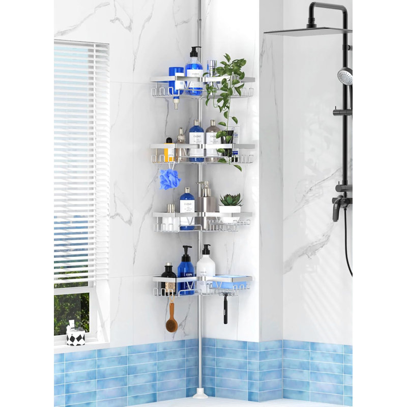 Rangement de coin à 4 niveaux avec poteau de douche à tension réglable avec 24 crochets et porte-savon intégrés pour le rangement de la salle de bain