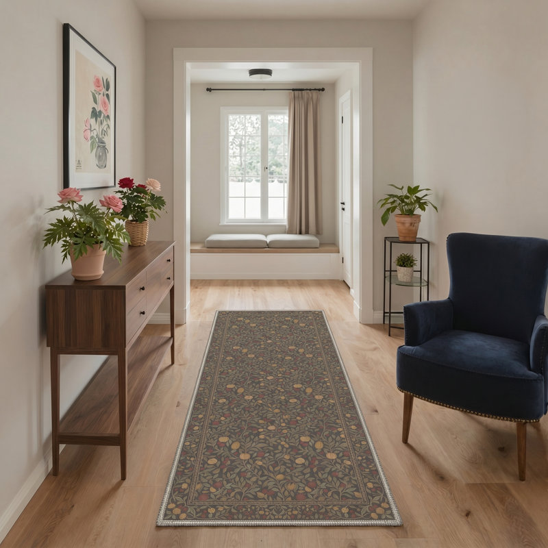 Vineyard Vintage Machine Washable Green / Yellow / Red Indoor Area Rug with Non-Slip Backing, Runner 2' x 7'