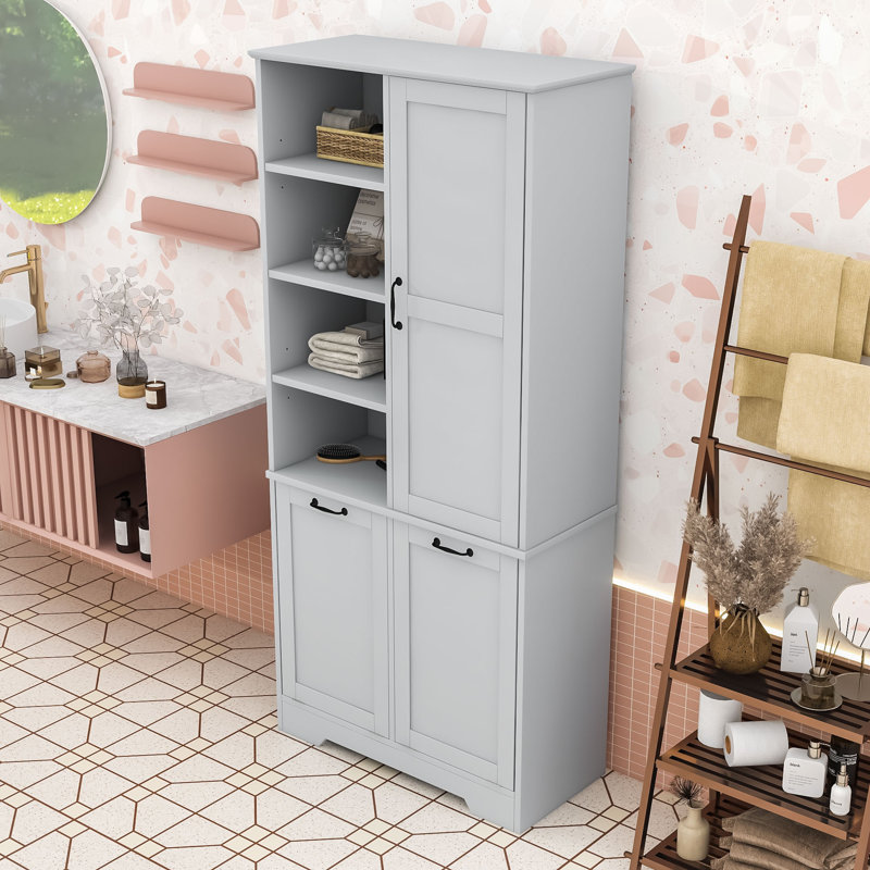 Armoire de rangement autoportante en bois avec tablettes réglables et paniers à linge inclinables, Gris