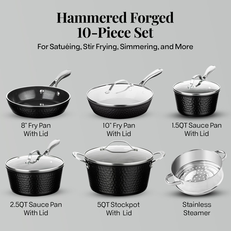 Gotham Steel 10 Piece Hammered Nonstick Ceramic Cookware Set, Black