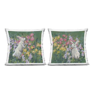 Ensemble de coussins décoratifs imprimés 2 pièces Rabbits in Spring Gardens, design par June Erica Vess, 18 x 7 x 18