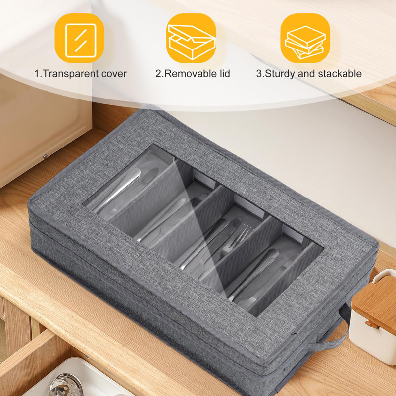 Silverware Storage Box, Flatware Storage, Utensil Storage With Removable Lid And Adjustable Dividers For Organizer Utensils, Cutlery, Flatware, Knives, Large Capacity Grey