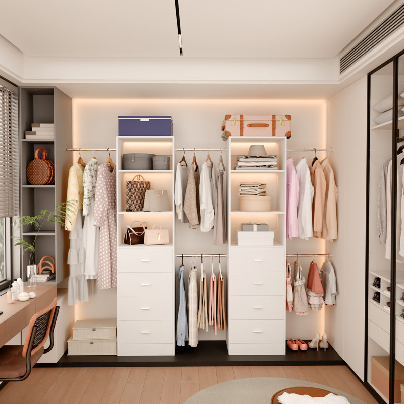 Système de garde-robe réglable 2 pièces avec tiroirs, tringles de suspension extensibles, tours de rangement, blanc