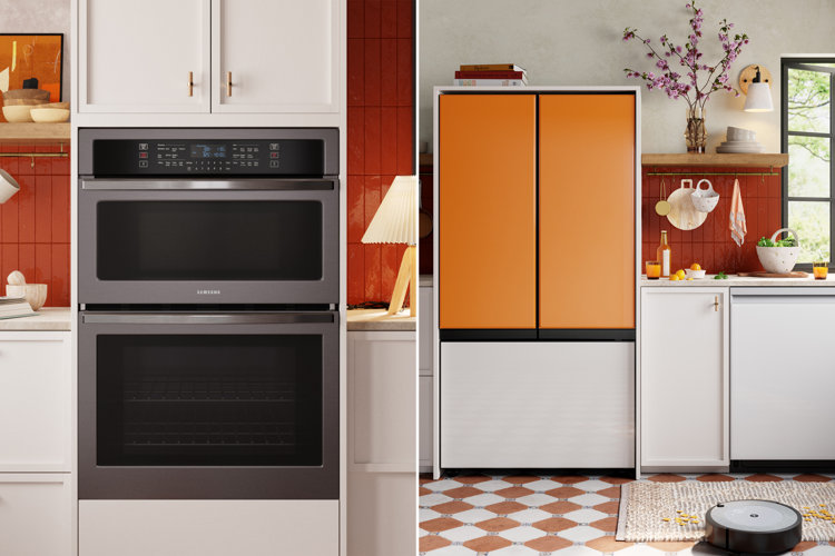 wall ovens on the left; warm-toned kitchen on the right