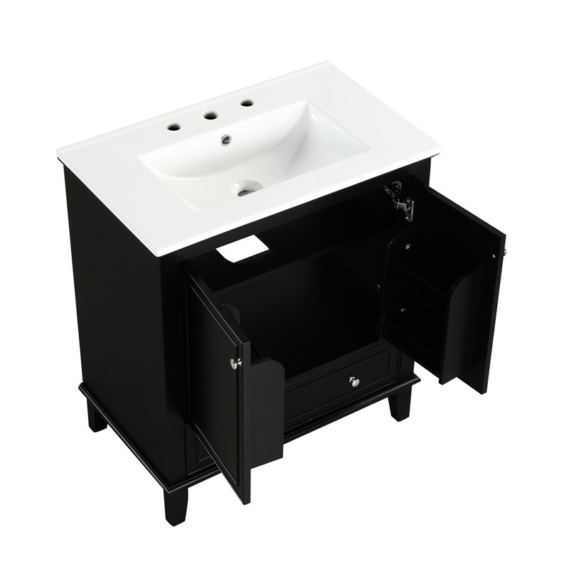 Meuble-lavabo noir 30 po avec lavabo - portes en bois massif et armoire multifonctionnelle, tiroir et tablette ajustable