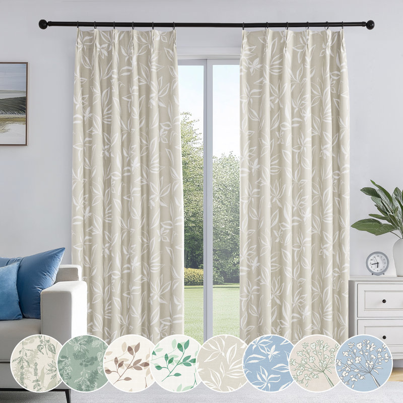 100% Blackout Floral Print Polyester Thermal Insulated Curtains With 12 Metal Rings & 12 Hooks, Pinch Pleat Window Treatments For Bedroom/Living Room (Set of 2)
