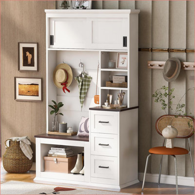 Coat Rack with Storage Bench, 40.2'' Modern Hall Tree – Natural Wood/White | MDF | White