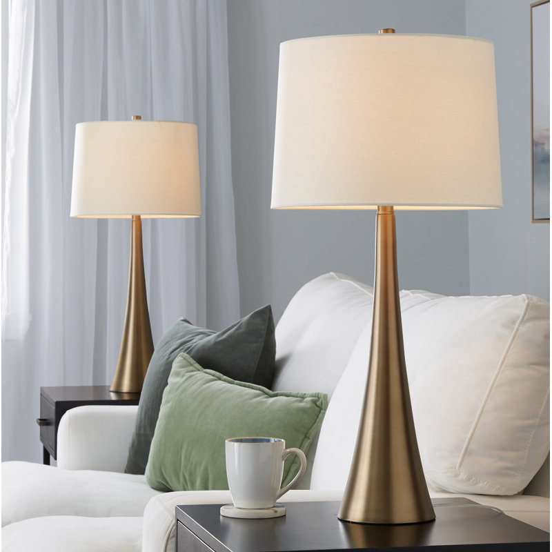 Calesha Metal Table Lamp, Matte Golden Bronze, Off-White Linen